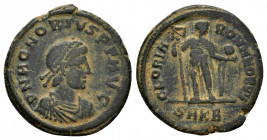 HONORIUS.(393-423). Cyzicus.Ae.

Obv : D N HONORIVS P F AVG.
Bust of Honorius, pearl-diademed, draped and cuirassed, right.

Rev : GLORIA ROMANORVM //...