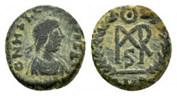 MARCIAN.(450-457).Cyzicus.Ae.

Obv : D N MARCIANVS P F AVG.
Bust of Marcian, pearl-diademed, draped, cuirassed, right.

Rev : Cross above monogram of ...