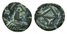 VANDALS.Pseudo-Imperial coinage in the name of Zeno.(Circa 474-491).Ae.

Obv : Diademed and draped bust to right.

Rev : Monogram of Zeno.
BMC 127. 

...