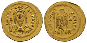 PHOCAS (602-610).Thessalonica.Solidus.

Obv : Dm N FOCAЄ PERP AVG.
Draped and cuirassed bust of Phocas facing, wearing crown with pendilia and hold...