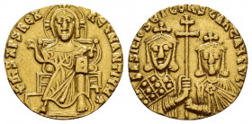ROMANUS I.(920-944).Constantinople.Solidus.

Obv : IhS XPS REX REGNANTIYM.
Christ enthroned facing, wearing pallium and colobium, raising right hand i...