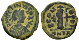 JUSTIN I.(518-527).Antioch.Ae.

Obv : D N IVSTINVS P P AVG.
Diademed, draped and cuirassed bust of Justin I to right.

Rev : B CONCORDI.
Large I betwe...