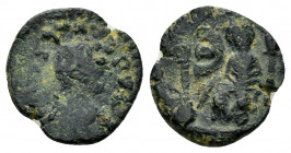 JUSTIN I.(518-527).Antioch.Ae.

Obv : DN IVSTINVS PP AV.
Pearl diademed, draped, cuirassed bust right.

Rev : yche of Antioch, turreted, seated left w...