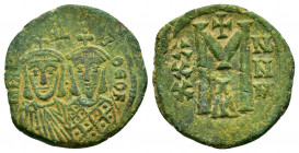 MICHAEL I and THEOPHYLACTUS. (811_13).Constantinople.Ae.

Obv : MIKAXHL S ΘEOF.
Crowned facing busts of Michael and Theophilus.

Rev : Large M; X...