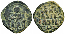 CONSTANTINE IX.(1042-1055).Class D Anonymous.Constantinople.Ae.

Obv : Barred IC XC across field, Christ, nimbate, enthroned facing, holding Gospels.
...