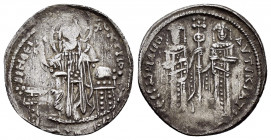 ANDRONICUS II with MICHAEL IX.(1282-1328).Constantinople.Basilikon.

Obv : KVPIE BOHΘEI; IC XC.
Christ Pantokrator enthroned facing, right hand in ben...