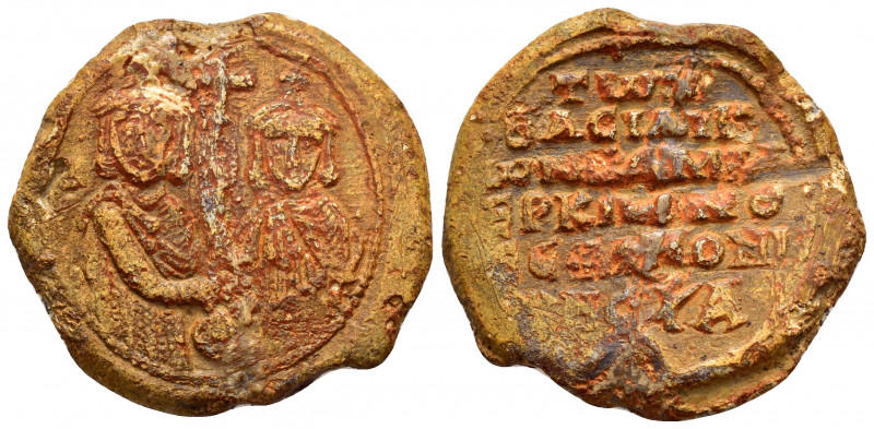 BYZANTINE LEAD SEAL.Leo III the Isaurian with Constantine V. (717-741). Pb. 

Ob...