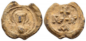 BYZANTINE LEAD SEAL.(Circa 11 th Century).Pb.

Obv : Bust of the Mother of God holding the medallion before her; border of dots. 

Rev : Cruciform inv...
