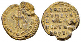BYZANTINE LEAD SEAL.(Circa 11 th Century).Pb.

Obv : Remains of a patriarchal cross.

Rev : Inscription of five lines; border of dots

Condition : Ver...