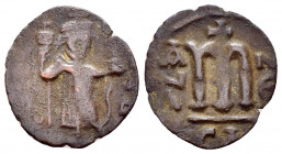 ARAB BYZANTINE.Standing Emperor.(Circa 660s-680).Hims.Ae.

Obv : Emperor standing facing, holding long cross and globus cruciger.

Rev : Large m, cros...