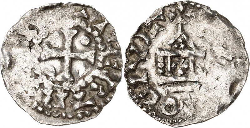 ROBERT II (996-1031). Denier de Soissons 1,38 g.
A/ + ROTBERT REX. Croix canton...