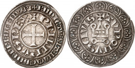 PHILIPPE III LE HARDI (1270-1285).
Gros Tournois (antérieur à 1280) 4,12 g.
A/ Lég. extérieure : + BNDICTV SIT NOmE DNI nRI DEI IhV XPI. Lég. intéri...