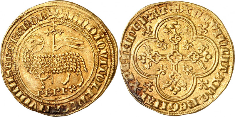 PHILIPPE V (1316-1322).
Agnel d’or (8 décembre 1316) 4,11 g.
A/ + AGN DI QVI T...