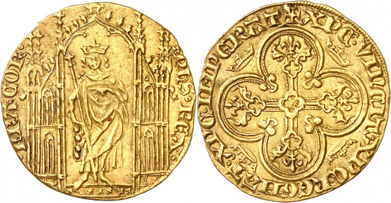 PHILIPPE VI (1328-1350).
Royal d’or (2 mai 1328) 4,16 g.
A/ PhS REX FRA COR. P...