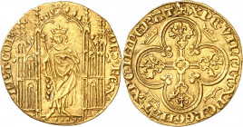 PHILIPPE VI (1328-1350).
Royal d’or (2 mai 1328) 4,16 g.
A/ PhS REX FRA COR. Ponctuation par un annelet. Le Roi debout, couronné sous un dais gothiq...