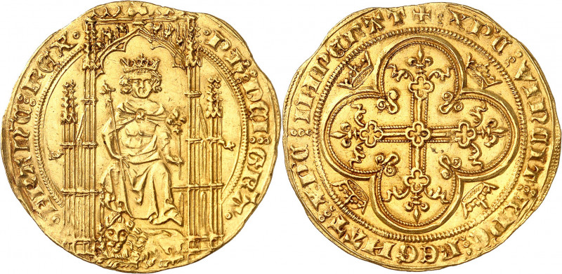 PHILIPPE VI (1328-1350).
Lion d’or (31 octobre 1338) 4,88 g.
A/ + PH DEI GRA F...