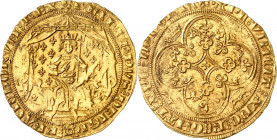PHILIPPE VI (1328-1350).
Pavillon d’or (8 juin 1339) 5,04 g.
A/ PHILIPPVS DEI GRA FRANCHORVM REX. Ponctuation par trois annelets superposés. Le Roi ...