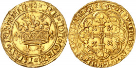 PHILIPPE VI (1328-1350).
Couronne d’or (29 Janvier 1340) 5,39 g.
A/ + Ph DI REX FRANC. Ponctuation par sautoirs. La couronne royale entourée de six ...