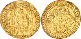 PHILIPPE VI (1328-1350).
Double d’or 1ère émission (6 avril 1340) 6,78 g.
A/ Ph DEI GR FRANC REX. Ponctuation par trois annelets superposés. Le Roi ...