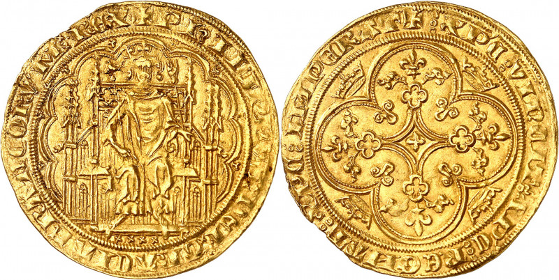 PHILIPPE VI (1328-1350).
Chaise d’or (17 juillet 1346) 4,65 g.
A/ PHILIPPVS DE...