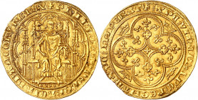 PHILIPPE VI (1328-1350).
Chaise d’or (17 juillet 1346) 4,65 g.
A/ PHILIPPVS DEI GRACIA FRANCORVM REX. Ponctuation par deux croisettes superposées. L...