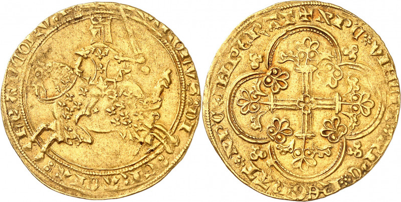 CHARLES V (1364-1380).
Franc à Cheval (3 septembre 1364) 3,77 g.
A/ KAROLVS DE...