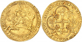 CHARLES V (1364-1380).
Franc à Cheval (3 septembre 1364) 3,77 g.
A/ KAROLVS DEI GRACIA FRANCORV REX. Ponctuation par deux annelets superposés. Le Ro...