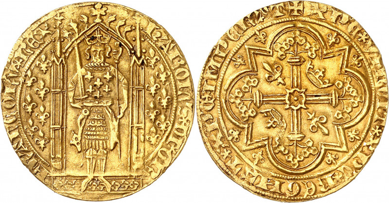 CHARLES V (1364-1380).
Franc à pied (20 avril 1365) 3,67 g.
A/ KAROLVS DI GR F...