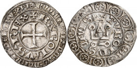 Charles V (1364-1380). Gros Tournois, 1ère émission 2,50 g. A/+ KAROLVS (trèfle) REX Croix; légende extérieure.
R/TVROHVS* CIVIS Châtel tournois somm...
