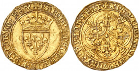CHARLES VI (1380-1422).
Écu d’or à la couronne, 2e émission (28 février 1388) 3,91 g.
A/ KAROLVS DEI GRACIA FRANCORVm REX. ponct. par 2 sautoirs sup...