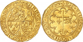 HENRI VI (1422-1453).
Salut d’or, 2e émission (6 septembre 1423) 3,48 g. Lis=Saint Lô
A/ hENRICVS DEI FRANCORV Z AGLIE REX. Ponctuation par deux poi...