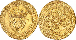 CHARLES VII (1422-1461).
Écu d’or, 1er type, 3e émission (Août 1424) 3,75g Point 5e=Toulouse et * sous la croisette initiale.
A/ + KAROLVS DEI GRACI...