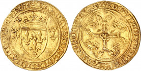 CHARLES VII (1422-1461).
Écu d’or à la couronne 3e type ou écu neuf 2e émission (12 août 1445) 3,37 g. Point 16e=Tournai
A/ KAROLVS DEI GRA FRANCORV...