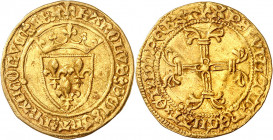 CHARLES VII (1422-1461).
Demi écu d’or à la couronne, 4e émission (26 mai 1447) 1,70 g. Point 18e et Lis=Paris
A/ KAROLUS DEI GRA FRANCORUM REX. Écu...