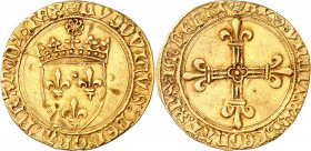 LOUIS XI (1461-1483).
Écu d’or au soleil (2 novembre 1475) 3,42 g. Point 15e=Rouen
A/(couronnelle) LVDOVICVS DEI GRA FRANCORVM REX. Ponctuation par ...