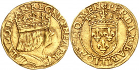 LOUIS XII (1498-1514). Royaume de Naples (1501-1504).
Ducat d’or 3,44 g.
A/ LVDO FRAN REGNIQ NEAP R. Ponctuation par annelet. Buste drapé du Roi à d...
