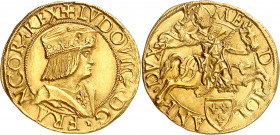 LOUIS XII (1498-1514). Duché de Milan (1499-1512).
Double ducat d’or 6,99 g.
A/ + LVDOVIC D G FRANCOR REX. Buste du Roi à droite vêtu d’un manteau e...