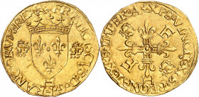 FRANÇOIS 1er (1515-1547).
Écu d’or aux salamandres, 2e Type (24 avril/10 nov. 1540) 3,42 g. H=La Rochelle
A/ Soleil. FRANCISCVS D G FRANCORVM REX. P...
