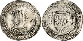 FRANÇOIS 1er (1515-1547).
Teston de Bretagne, 3e Type 9,04 g. n=Nantes
A/ FRANCISCVS D G FRANCO REX BRITAN DVX. Buste à droite du Roi, cuirassé, por...