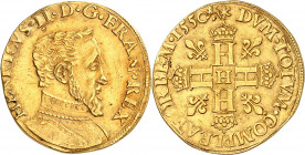 HENRI II (1547-1559).
Double Henri d’or (14 janvier 1550), 1er type 6,90g. 1550 H et point 9e=La Rochelle
A/ HENRICVS. II. D .G. FRAN. REX. Buste à ...