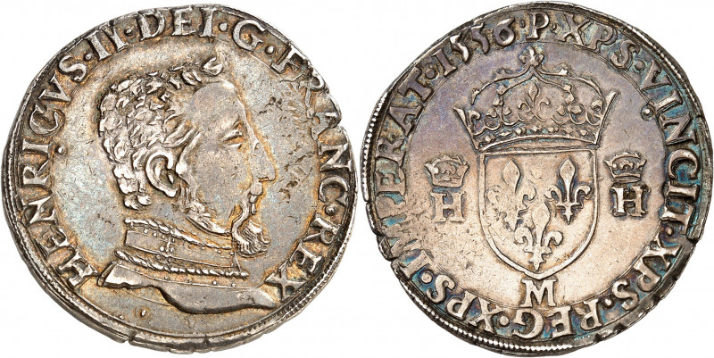 Henri II (1547-1559). Teston, 2ème type 1556 M=Toulouse 9,47 g. Teston, 2e type ...