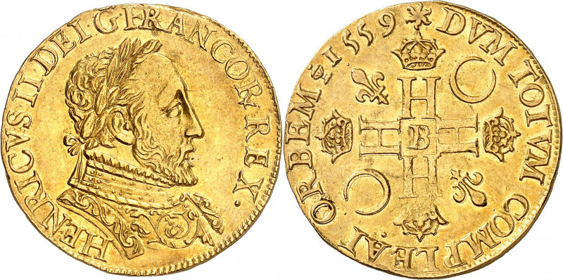 FRANÇOIS II (1559-1560).
Double Henri d’or, 3e type 1559 B=Rouen 7,27 g.
A/ HE...