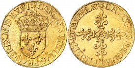 CHARLES IX (1560-1574). Ecu d'or au soleil (17 août 1561) MDLXVI (1566) A et point 18e=Paris 3,34 g. A/ CAROLVS.IX.DEI.G.FRANCOR.REX (date en chiffres...