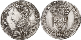HENRI III (1574-1589). Teston au nom de Charles IX 1575 D=Lyon 9,48 g. A/ CAROLVS.IX.D.G.FRANC.REX Buste à gauche du Roi, barbu et lauré et cuirassé; ...