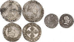 HENRI III (1574-1589). Quart de Franc au col plat 1587 B= Rouen 3,37 g. Dy.1132- Laf. 972. TB Demi Franc au col plat 1587 G= Poitiers 7,08 g. Dy.1131-...