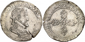 HENRI IV (1589-1610). Demi Franc 1597 B=Rouen 7,17g. A/ HENRICVS.III.D.G.FRANC.ET.NAVAR.REX Buste à droite du Roi lauré et cuirassé ; différent d'atel...