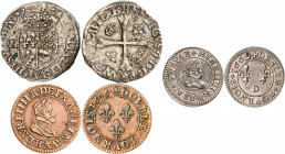 HENRI IV (1589-1610). Douzain de Béarn 1591 Morlaas 2,03 g. Dy. 1262- Laf.1101. TTB Essai en argent du Denier Tournois 1609 D=Lyon 1,27 g. Dy. 1274- L...