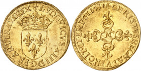 LOUIS XIII (1610-1643).
Écu d’or au soleil, 1er type 3,43 g. 1643 M=Toulouse
A/ Soleil. LVDOVICVS XIII D G FRAN ET NAVA REX. Écu de France couronné....