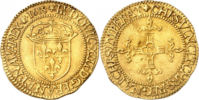 LOUIS XIII (1610-1643).
Écu d’or au soleil, 2e type 3,35 g. 1615 C=Saint-Lô
A/...