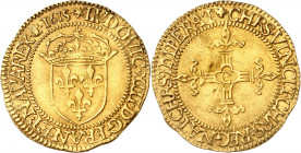 LOUIS XIII (1610-1643).
Écu d’or au soleil, 2e type 3,35 g. 1615 C=Saint-Lô
A/ Soleil. LVDOVIC XIII D G FRAN ET NAVA REX Date. Écu de France couronn...